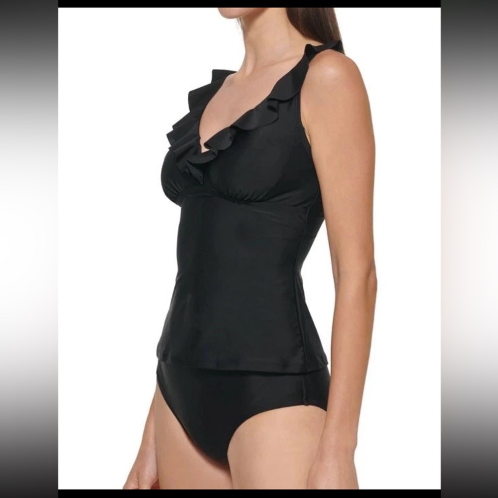 DKNY Womens 2 Piece Rufled Tankini Swimsuits Padded Black 2XL NWT